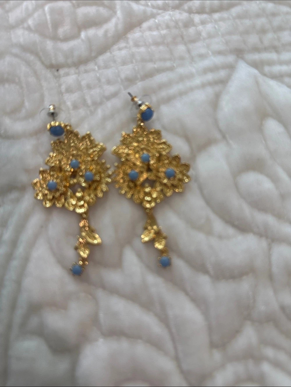 Gold & Blue Floral Drop Earrings Like New